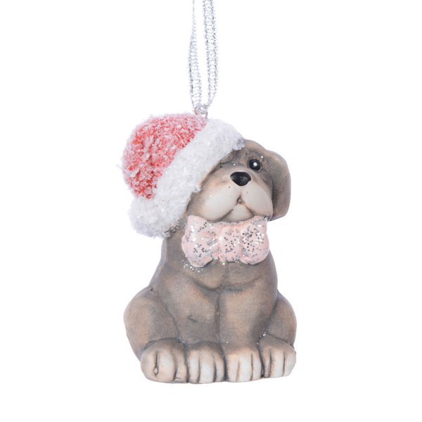 Χριστουγεννιάτικο Κεραμικό Σκυλάκι με Ροζ Παπιγιόν (6cm)